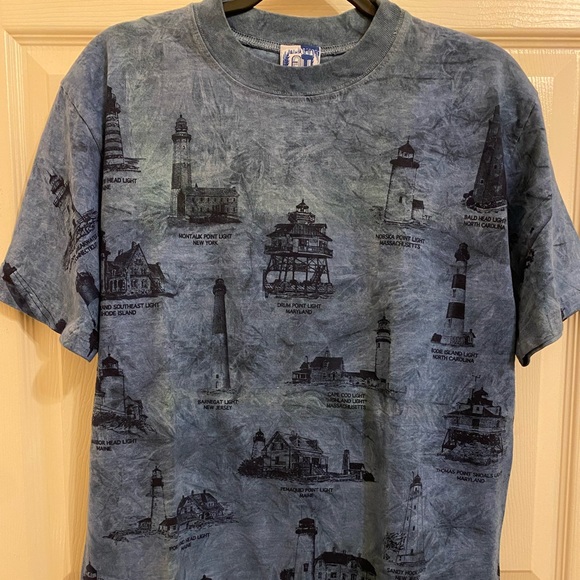 Vintage 90s Art Unlimited Lighthouse AOP All Over Lighthouses Tee Blue Md - Picture 7 of 10